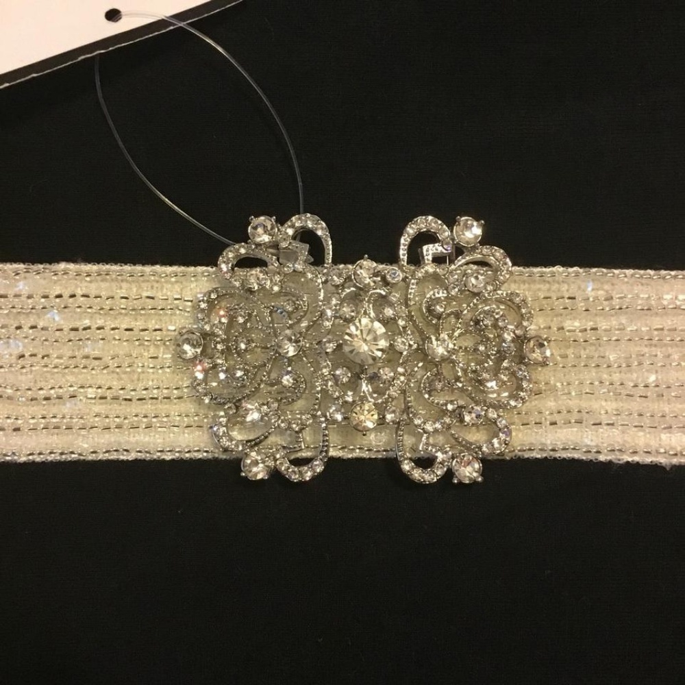 Ivory Rhinestone Beaded Grosgrain Sash - Picture 3 of 5